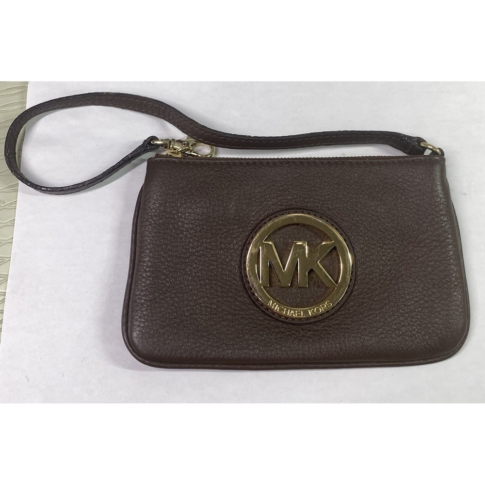 MICHAEL KORS Fulton Womens Leather Wristlet Zip Clutch Brown Pebbled 4.5x7"